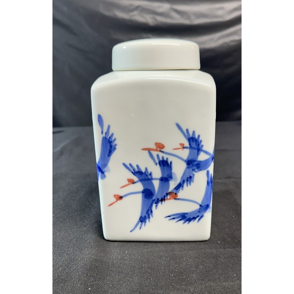 Three Hands Corp Hand Painted Asian Urn Ginger Jar Stone Lidded 8 1/2"